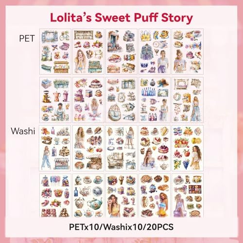 Loli Puff Breeze Sticker Scrapbooking Supplies for Junk Journal, 20 Sheets PET Stickers - Vintage Journaling Stickers