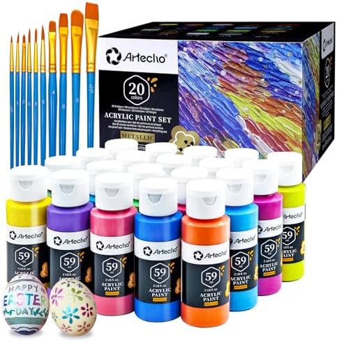 Artecho Acrylic Paint Set 20 Metallic Colors 2oz/59ml with 10 Brushes | Permanent rich pigment non-toxic craft kit for canvas, fabric, rock, wood, ceramic, Great gift for adults & beginners