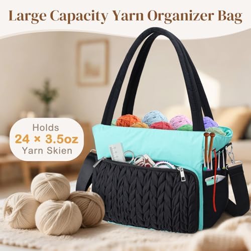 DALINDA Yarn Storage Bag Organizer,Crochet Bag - Portable Yarn Bag & Knitting Craft Tote,Multi-Pocket Design for Crochet Lovers,Ideal Gift for Knitters (Black Blue)