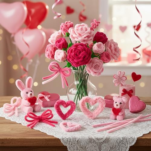 Caydo 300 Pieces Pink Pipe Cleaners, Thick Fluffy Chenille Stems Bulk for Arts & Crafts Making and Home Decorations