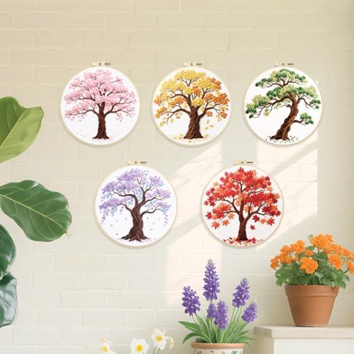ORIGACH 5 Pcs Seasonal Tree Embroidery Kit for Beginners, Stamped Design Embroidery Starter Kit Includes Cloth, Hoops, Threads & Needles