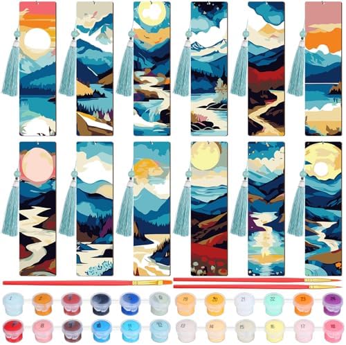 Kosiz 12 Pcs Mountain Paint by Number Kit for Adult Wood Bookmark | Mini Paint by Numbers Kit, Painting Decor, Tassels Blank Bookmarks, for Small DIY Craft Book Lovers Gift 7x2 ''