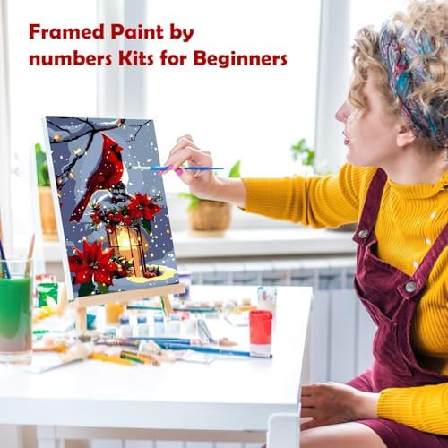 MOGTAA Christmas Paint by Numbers Kit for Adults Beginners with Frame, Christmas Cardinal Adult Paint by Number Kits on Canvas with Easel, Easy DIY Winter Oil Painting Kits for Home Decor, 8x12in