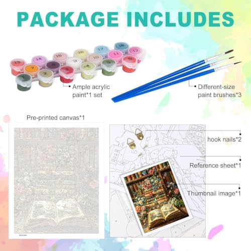 Books Paint by Numbers Kit for Adults, DIY Oil Painting Canvas 16x20inch