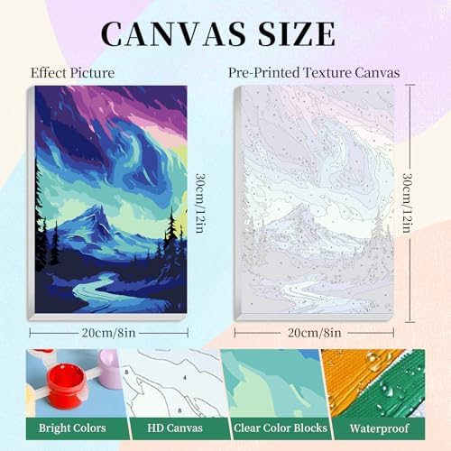 Camocin 4 Pack Framed Paint by Numbers Kit for Adults with Wooden Easel | Northern Lights Aurora Artwork, Night Sky Decor, DIY Canvas Painting Set, Bedroom Wall Decor, Beginner Friendly, 8x12 Inch