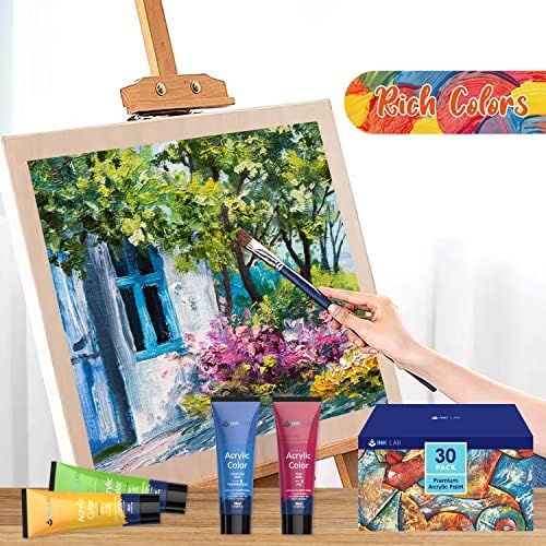 Acrylic Paint Set 30 Colors Craft Paints in Tubes with 10 Art Brushes Rich Pigment for Artists Beginners Painting on Canvas Wood Fabric Crafts, 36ml/Tube