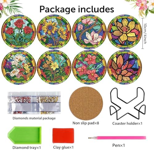 8 Pcs Diamond Art Coasters Kit for Adult with Holder, Diamond Coaster 4x4in