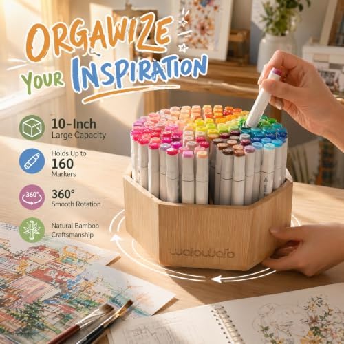 walowalo Bamboo Rotating Art Supply Organizer Caddy Holds 800+ Pencils Spinning Crayon 160 Marker Holder Desk Brush Colored Pencil Storage for Office Classroom Organization Stationary (Larger VER)