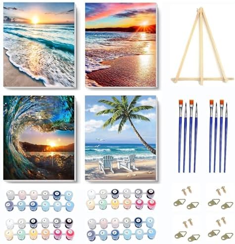 VIGEGU 4 Pack Paint by Numbers Kit for Adults Framed Canvas with Wooden