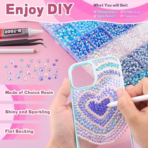 20000Pcs Blue Rhinestones for Bedazzling with B7000 Jewelry Glue, Resin Rhinestones for Crafting Crafts DIY, Bedazzler Kit Gems for Clothing Shoes Tumblers Fabric Nail Art Assorted Size 3/4/5/6mm