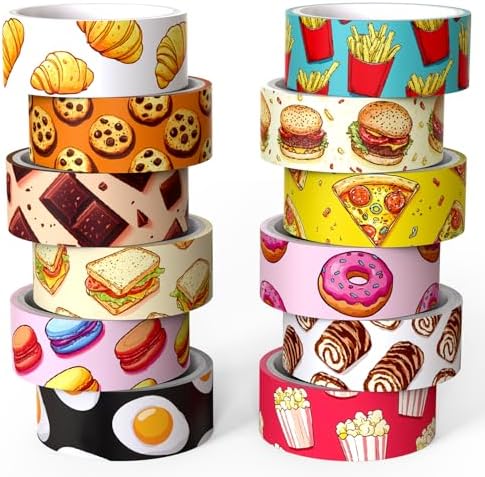 12 Rolls Cute Food Themed Washi Tape Set, Cartoon Yummy Dessert Decorative Tape Macarons Colorful Masking Tape for Journaling Supplies, Junk Journal, Scrapbooking, DIY Arts & Crafts Supplies