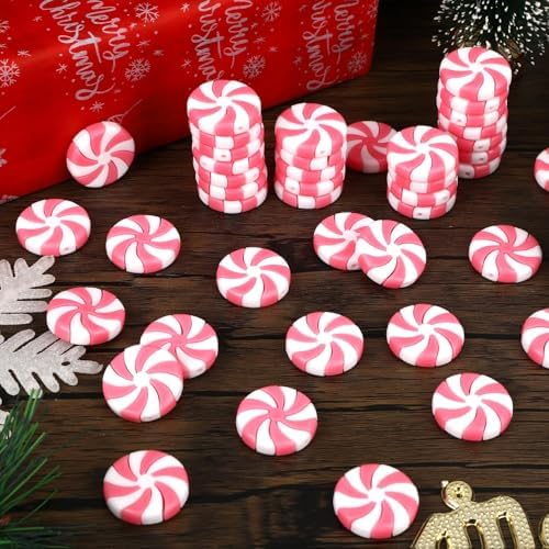 JUNEBRUSHS 50 Pcs Fake Peppermint Candy Christmas Decorations Pink and White Christmas Candy Peppermint Ornaments for Xmas Holiday Decor Party Favors Crafts