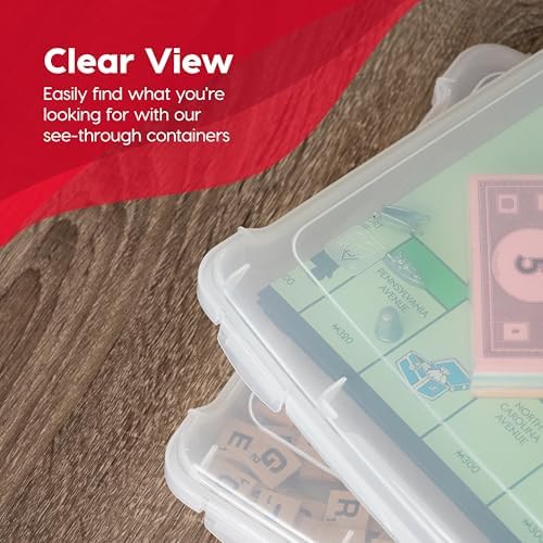 IRIS USA Board Game Storage Craft Organizer Box with Snap-Tight Latch Lid, 8-Pack Portable Plastic Case Bin for Puzzles, Magazines, Hobbies, Art Supplies, Fits 8.5" x 11" & A4 Papers, Slim, Clear