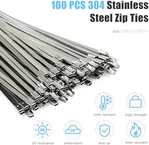 Heavy Duty Banding Strapping kit Contain 100Pcs 0.18"x 11.8" 304 Stainless Steel Zip Ties Self-Locking & Tensioner with Cutter Tool Glove