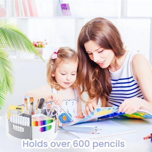 Rotating Art Supply Organizer Storage Caddy for Kids, 7 Bins Craft Crayon Marker Organizers for School Desk, Lazy Susan Pencil Holder for Classroom Organizations (gray and white)
