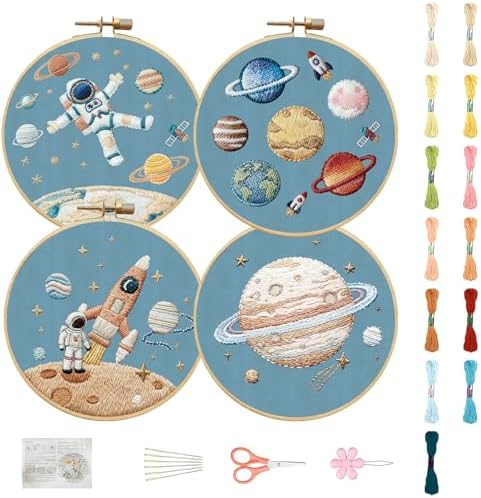 FREEBLOSS 4 Set Embroidery Kit for Beginners Adult Astronaut Stamped Embroidery Starter Kit with Instructions Needlepoint Accessories and Supplies for Stitch Craft, 2 Hoops 20cm/7.9inch