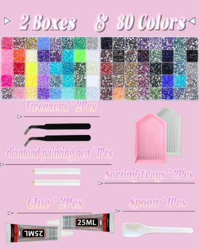 80 Colors 74000Pcs 3mm Bedazzling Kit, 50ml B7000 Glue&Tools for DIY