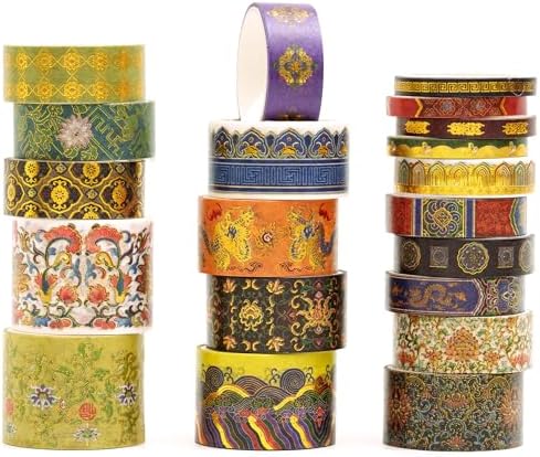 20 Rolls Chinese Style Washi Tape Set, Ancient Palace Pattern Decorative Masking Tapes with Gold Foil, Various Sizes for Craft, Scrapbook, DIY, Gift Wrapping (21-Auspicious Palace Brocade)