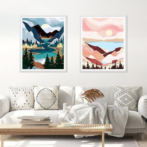 Jethami 2 Pack Paint by Numbers Kit for Adults Beginner, Mountains Lake Sunset Landscape DIY Canvas Art Kit for Home Decor 16x20 in