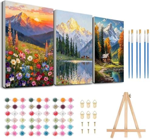 3 Pack Framed Paint by Numbers for Adult with Wooden Easel (8x12 inch) | Mountain Scene Paint by Number on Canvas Oil Painting Kit with Brushes, Easy Adults' Paint-by-Number Kits for Home Wall Decor