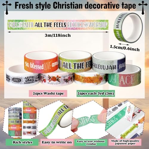 24 Rolls Christian Washi Tape Gifts for Bible Journaling, Vintage
