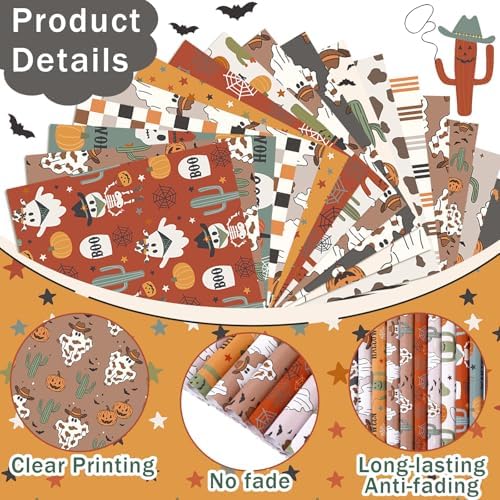 HunnmingRe 20 Pcs 10''x10'' Western Halloween Quilting Fabric Square Cowboy Ghost Precut Quiltted Fabric Cactus Pumpkin Lantern Cow Printed Patchwork Materials for Wild West Sewing DIY Craft Supplies