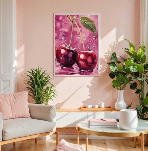 AIBOERL Diamond Art Kits for Adults,Cherry Diamond Painting Wall Decor | Round Drill Cherry Diamond Painting for Beginners DIY Rhinestone 5D Diamond dots(Gemstone Craft)Wall Art Gift 12x16IN