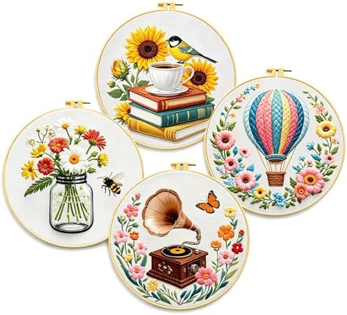 Zhenqing 4-Piece Floral Embroidery Kit for Beginners, Books Hot Air Balloon Wildflower Gramophone Needlework Set with Pre-Printed Fabric, Hoop & Threads (C0159)
