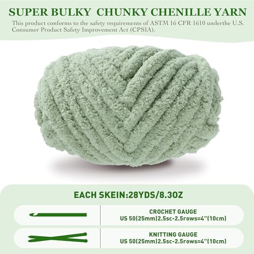 Bulky Chunky Yarn for Hand Knitting Blanket – #10 Jumbo Knitting Yarn, 1 Inch Thick Chenille Jumbo Yarn, No Knots Soft Machine Washable, Super Bulky Yarn 4 Pack for Crochet, Arm Knitting & Crafts