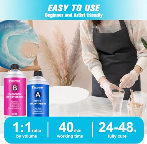 Teexpert Epoxy Resin Crystal Clear: 64OZ Epoxy Resin kit Fast Curing Heat Resistant for Casting Coating Art DIY Craft Jewelry Wood Table Top Flower Preservation- 2 Part(32OZ Resin and 32OZ Hardener)