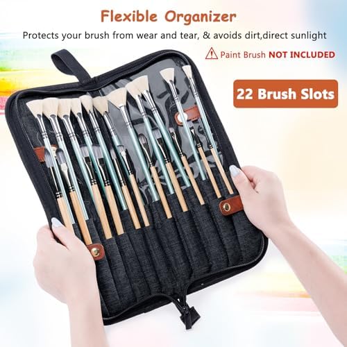 Paint Brush Holder Case for Artists with 22 Slots, Brush Organizer with Pop-Up Stand, Travel Paintbrush Storage Bag for Acrylic Oil Watercolor, Zippered Art Brush Cover (Brushes Not Included)