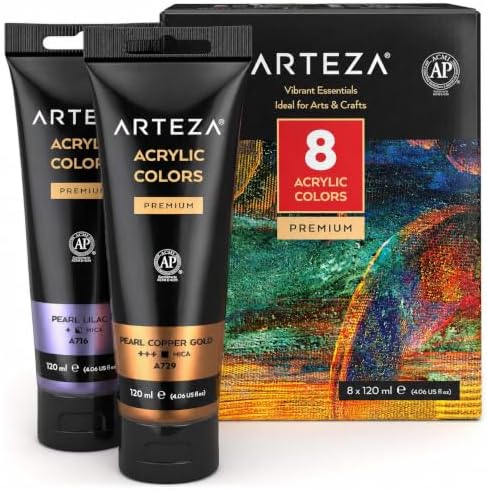 ARTEZA Metallic Acrylic Paint Set, 8 Vibrant Colors, 4.06 oz High-Viscosity