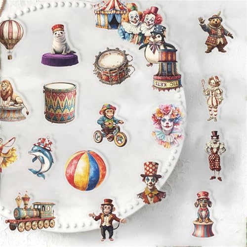 50pcs Transparent Vintage Circus Stickers for Teens,Cute Funny Clown Sticker Waterproof PET Stickers for Scrapbook Photo Album Collage Party Favors Animal Clown Sticker for Teens and Adults
