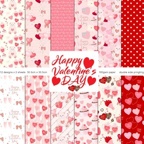 Pink Hearts Scrapbook Paper Pad - 24 Sheets 12in Valentine Sweet Decorative Patterns Designed Collage Material for Journals Folded Cardstock DIY Crafts Origami Gift Wrapping Supplies