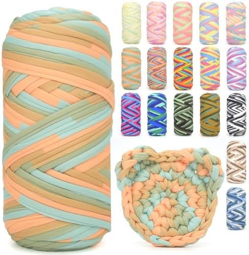 Tshirt Yarn for Crocheting,Rainbow T Shirt Chunky Elastic Fabric Thick T-Shirt Crochet Yarn for Beginners Crocheting Hand Knitting Bag/Basket/Coasters/DIY Crafts/Home Decor 200G-Green Orange Blue