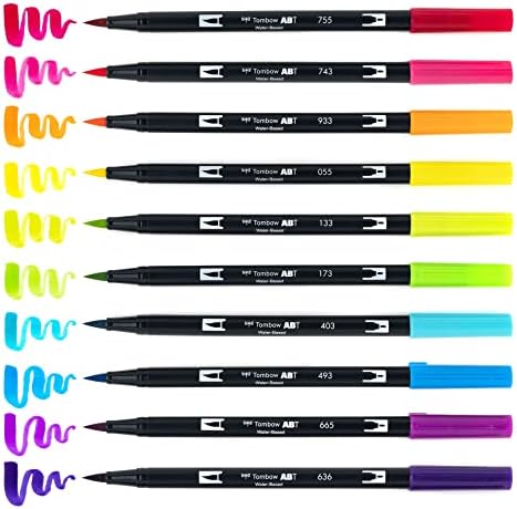 Tombow 56185 Dual Brush Pen Art Markers, Bright, 10-Pack. Blendable, Brush and Fine Tip Markers