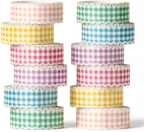 AnyDesign 12 Rolls Plaid Washi Tape Masking Tape Set, Colored Lace Gingham