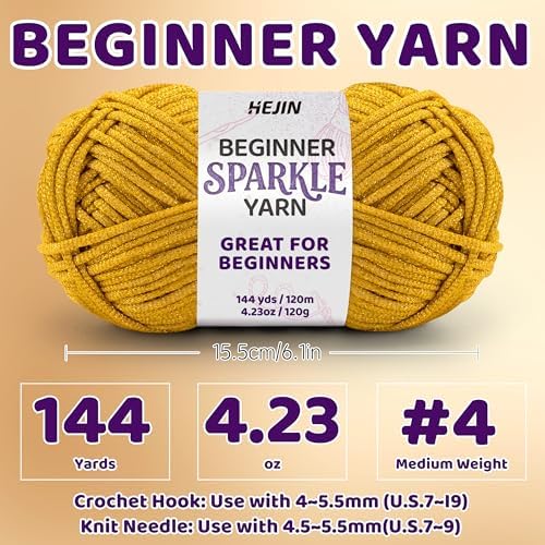 HEJIN 120g Gold Sparkle Yarn for Crocheting and Knitting | 120m(144yds) for Beginners with Easy-to-See Stitches; Worsted-Weight Medium #4; Yarn for Beginners Crochet Kit Making