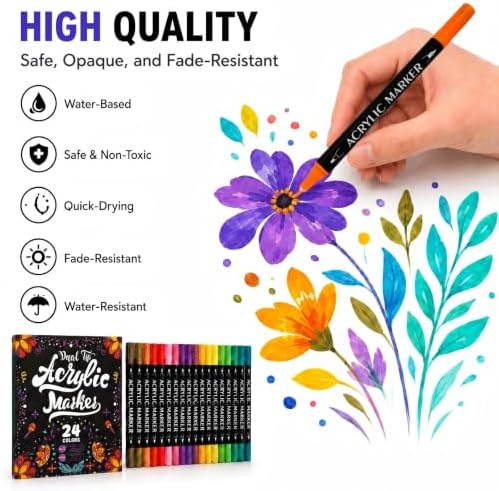 24 Colors Acrylic Paint Markers, Dual Tip Paint Markers with Fine & Brush Tip, Acrylic Paint Pens for Fabric, Rock Painting, Wood, Canvas, Adults Coloring Books, Ceramic, Glass, DIY Crafts