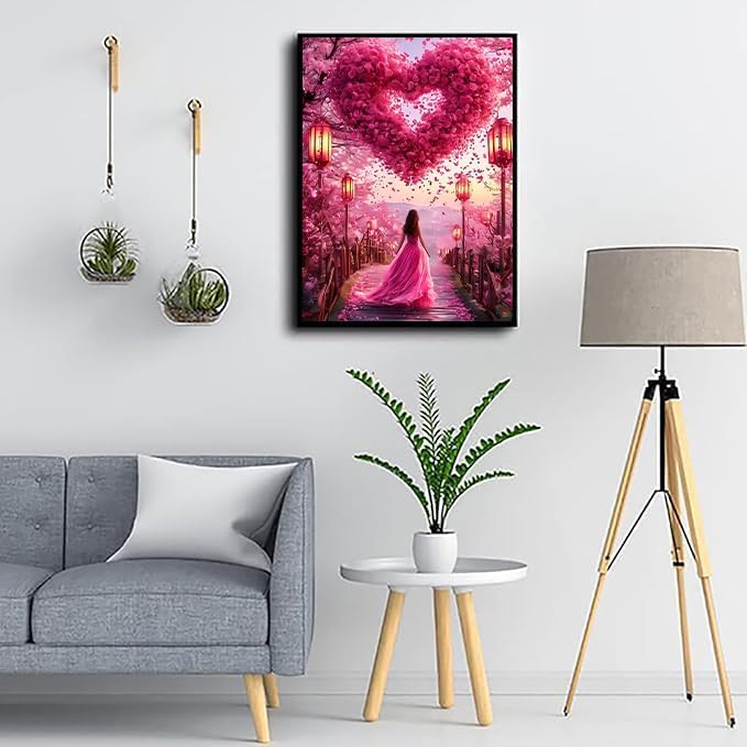 WNPOKN Pink Rose Heart with Girl Diamond Art Kits for Adults 12x16Inch