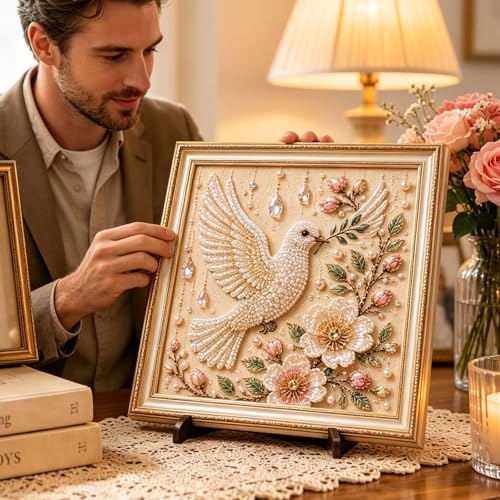 Pearl Art Kits for Adults Bird Flower DIY Beaded Embroidery Kits with Crystal Rhinestones Pearl Painting Craft Kit with Pre-Printed Canvas Handmade Home Wall Decor Gift (White Bird)