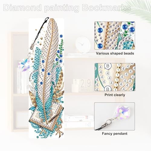 4-Pack 5D Diamond Painting Bookmarks Kit, Peacock Feather DIY Diamond Art Bookmarks with Rhinestones and Tassels, Creative Bookmark Making Set for Adults, Gift for Book Lovers