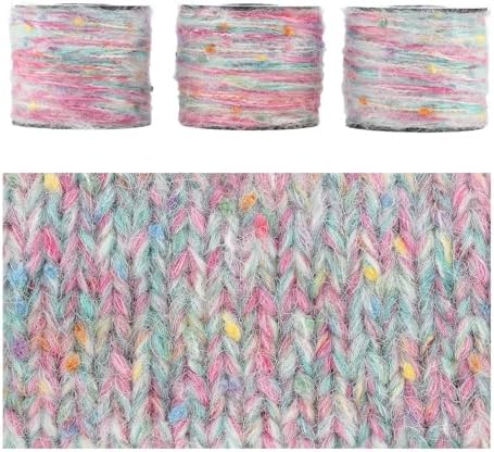 Artisanal Yarn Collection Multifiber Fancy Yarn for Knitting Crocheting Crafts DIY, Set of 3 Rolls(113 Rainbow Pom)
