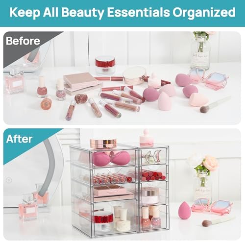 Vtopmart Acrylic Desk Organizer with 8 Drawers for Office, Makeup, Crafts | Clear Storage Drawers for Office Supplies, Desktop Organization for Makeup, Jewelry, Art Crafts, Bead, Pen, Stationary