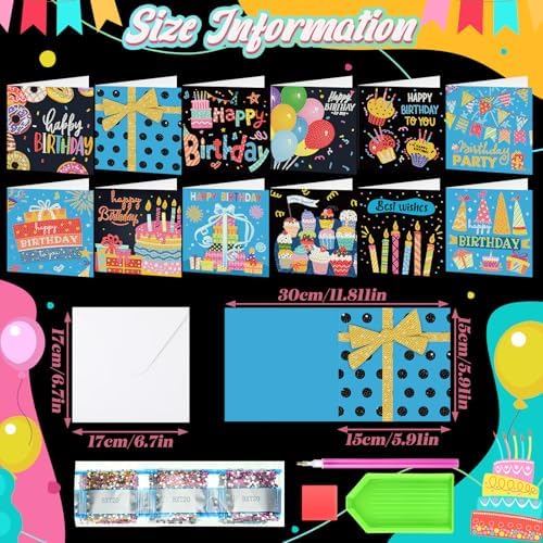 Saillong 12 Pack Black Happy Birthday Diamond Art Card with Envelopes