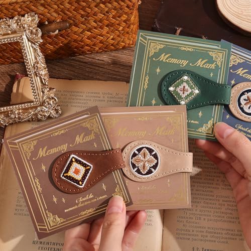 4PCS Vintage Magnetic Leather Bookmark, Leather Magnetic Bookmarks for Women, Magnetic PU Bookmarks Clip Book Accessories, Embroidery Pattern