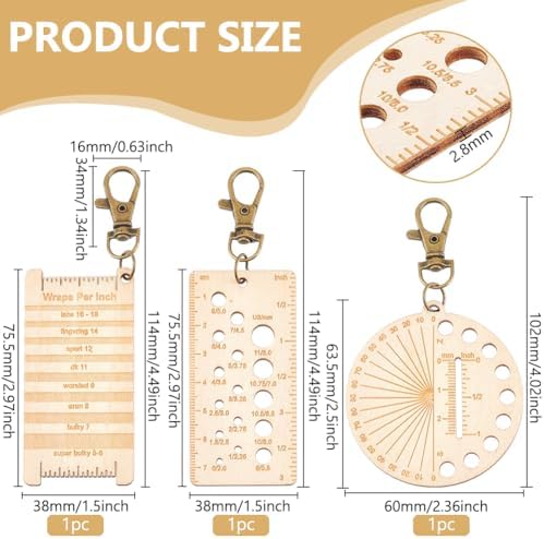 BENECREAT 3Pcs Mini Wooden Knitting Needle Gauge Keychains, Yarn Wrap Guide Board Knitting Tool, Embroidery Floss Organizer Card, Multifunctional Ruler with Alloy Clasp for Crochet DIY Sewing