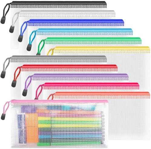 Umriox 12 Pack A6 Mesh Zipper Pouch Bags, Color Coded Small Item Organizer