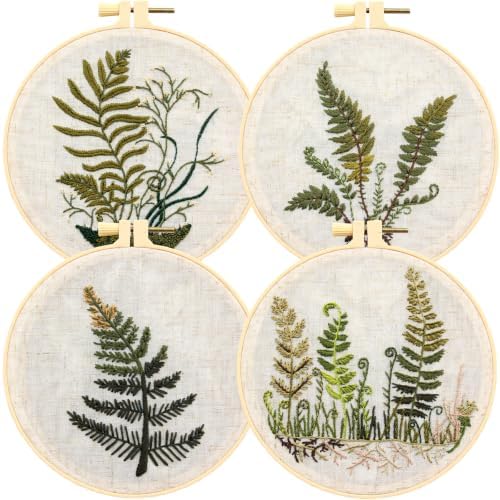 Fern Botanical Embroidery Kits for Beginners Adults, Vintage Plant Embroidery Sets Needlepoint Kits, Stamped Cross Stitch Kits for Beginners Adult, 4 Embroidery Hoops, Fabric (Attached Video Tutorial)