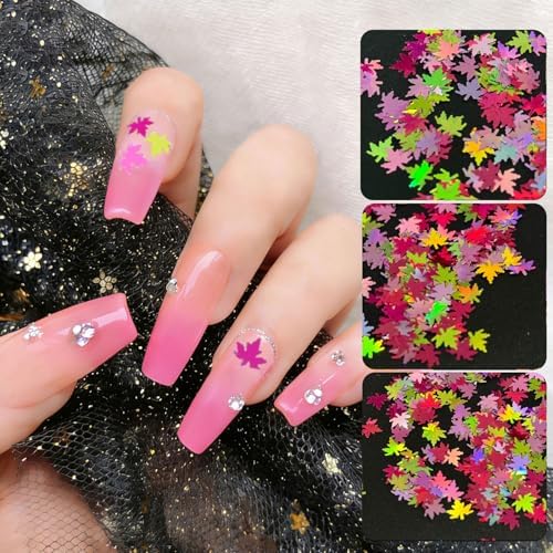 Multicolor Glitter Maple Leaves Sequins Accessories for DIY Journal, Shiny PVC Maple Leaves Confetti for Party Decorations, Mini Leaf Sequins Accessories for Drawing Notebooks.Pink Yellow Dark Pink